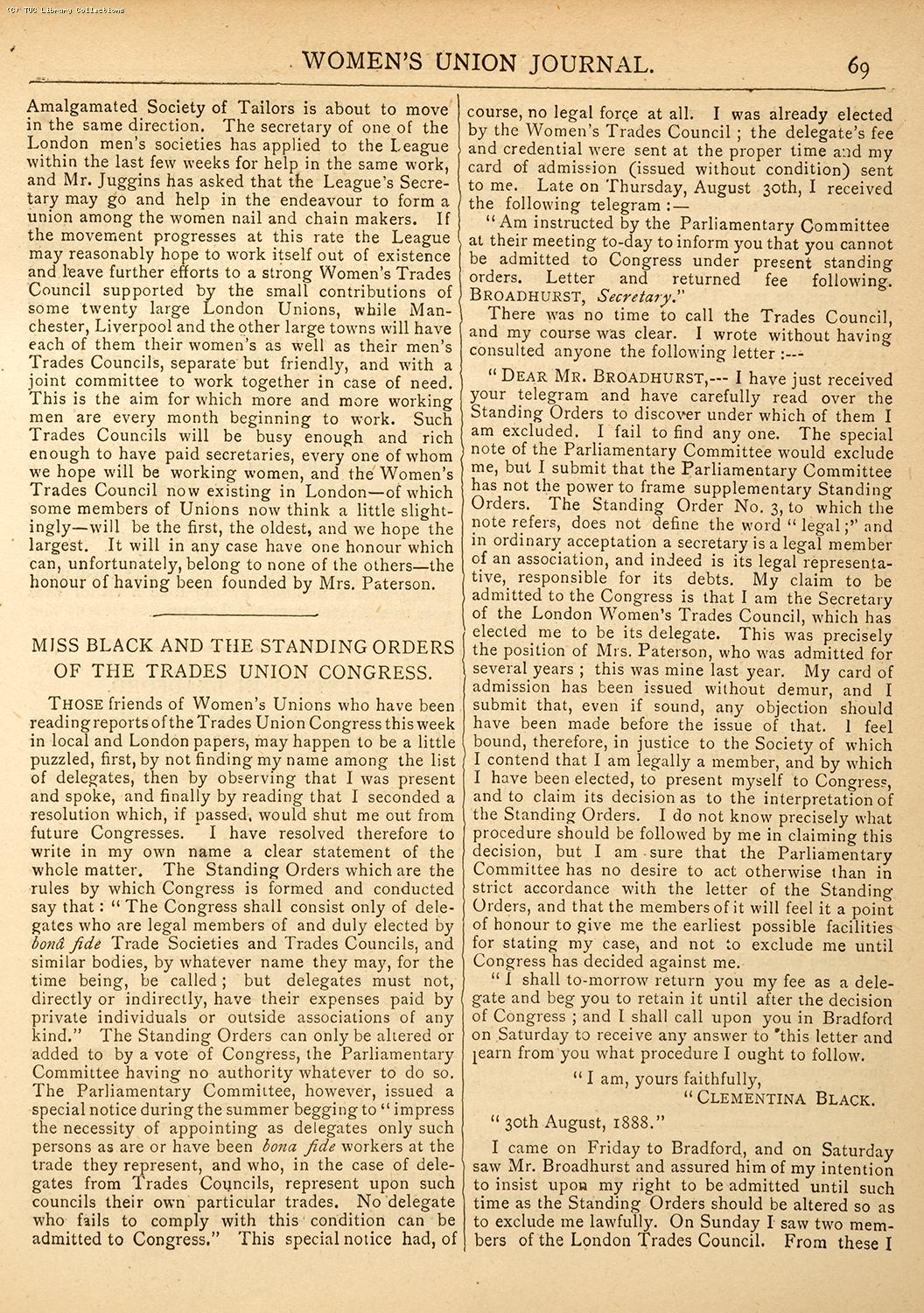 Clementina Black at the TUC, 1888